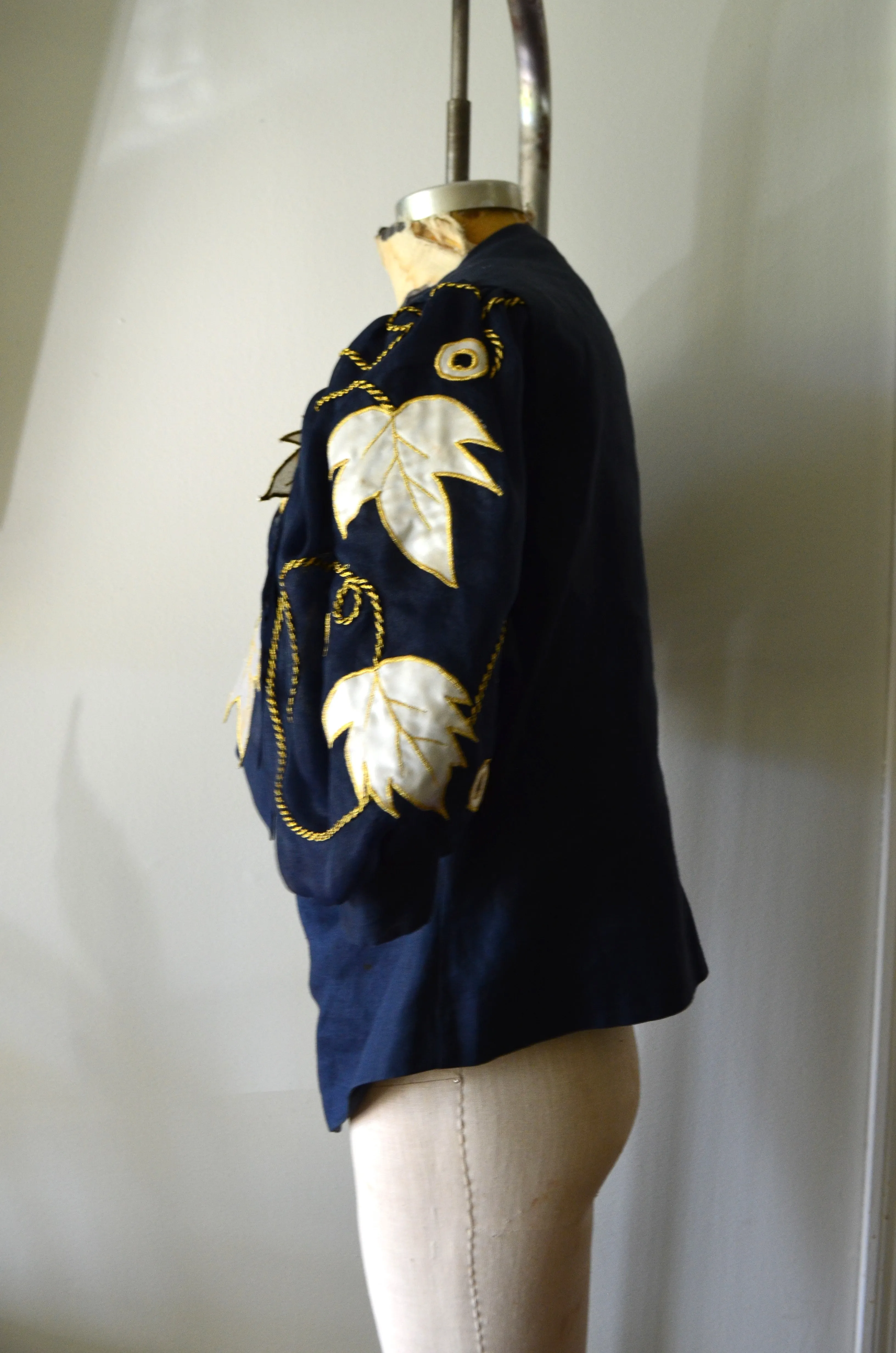 1980S Leaf Puff Oversized Sleeve Princess Blue Navy Gold Floral Braid Blouse Top