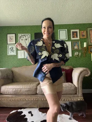 1980S Leaf Puff Oversized Sleeve Princess Blue Navy Gold Floral Braid Blouse Top
