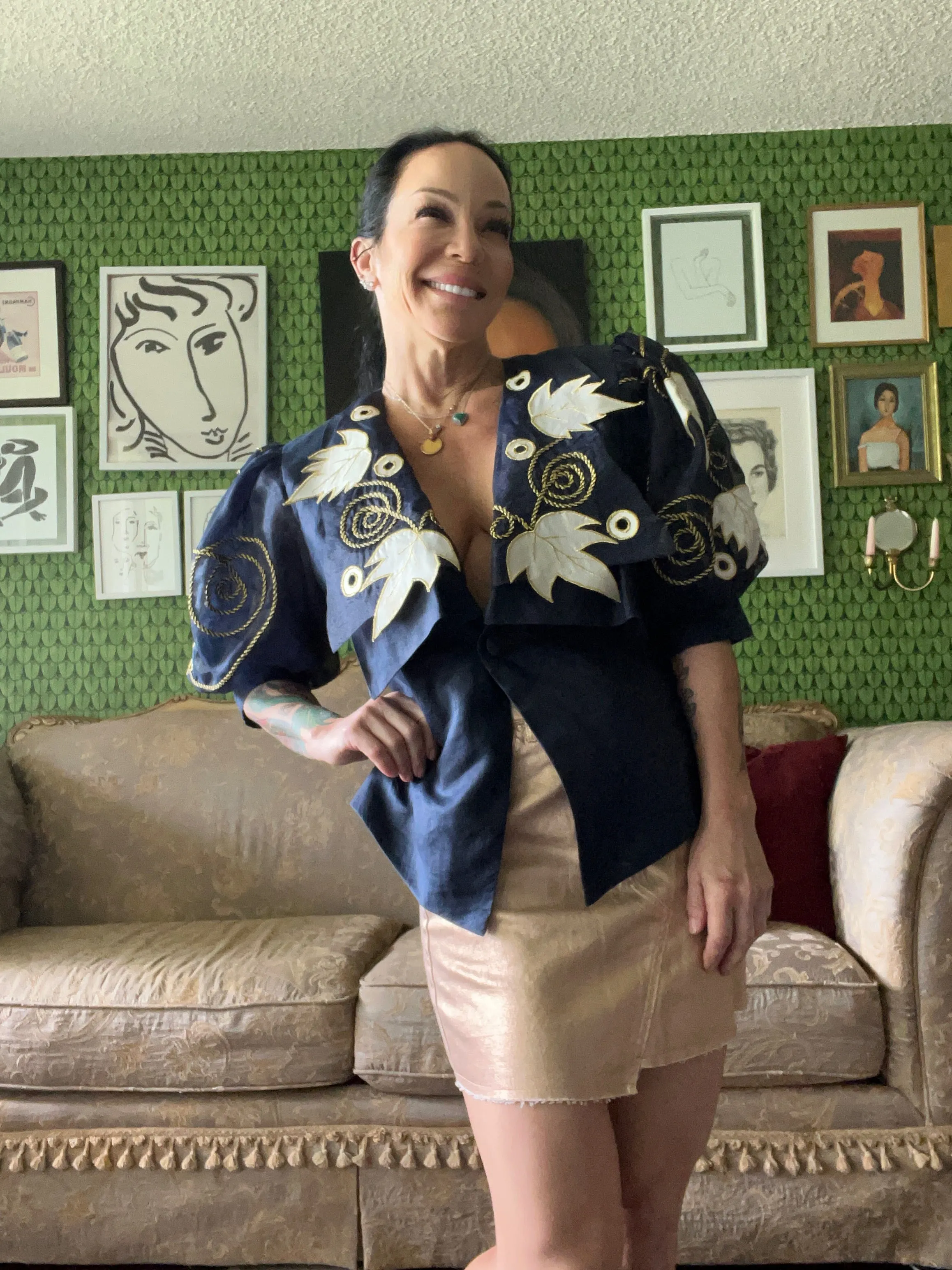 1980S Leaf Puff Oversized Sleeve Princess Blue Navy Gold Floral Braid Blouse Top