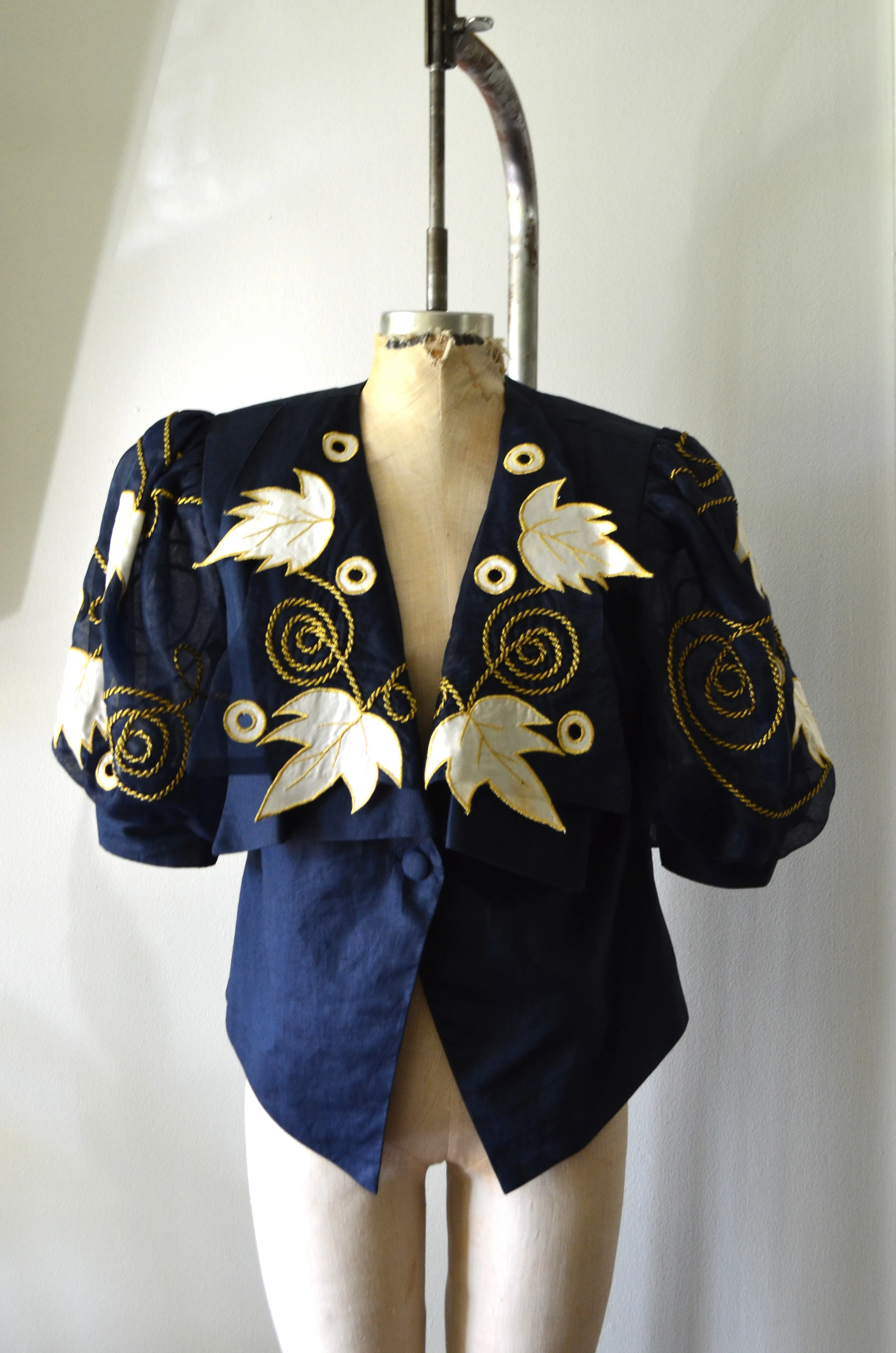 1980S Leaf Puff Oversized Sleeve Princess Blue Navy Gold Floral Braid Blouse Top