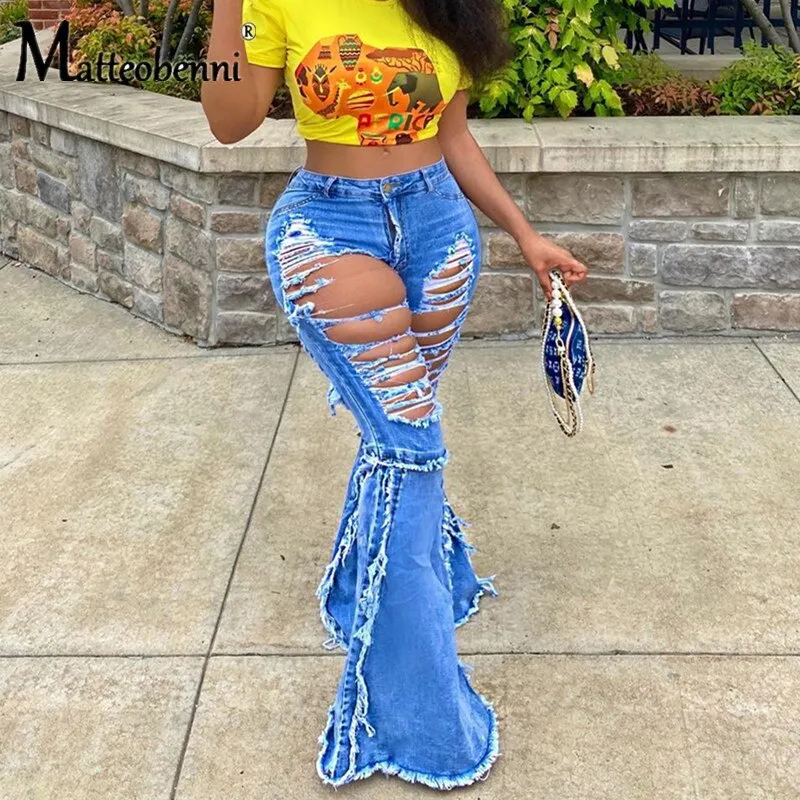 2020 Fashion Tassel Hem Denim Pants Women Retro Solid Sexy Hole Jeans Ripped Flare Trousers Street Skinny High Waist Lady Pants
