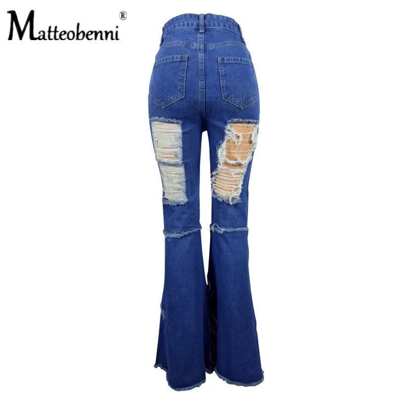 2020 Fashion Tassel Hem Denim Pants Women Retro Solid Sexy Hole Jeans Ripped Flare Trousers Street Skinny High Waist Lady Pants