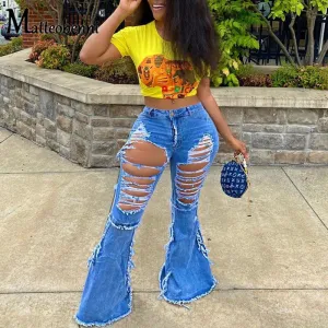 2020 Fashion Tassel Hem Denim Pants Women Retro Solid Sexy Hole Jeans Ripped Flare Trousers Street Skinny High Waist Lady Pants