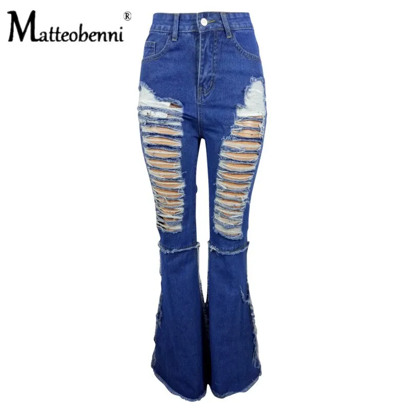 2020 Fashion Tassel Hem Denim Pants Women Retro Solid Sexy Hole Jeans Ripped Flare Trousers Street Skinny High Waist Lady Pants