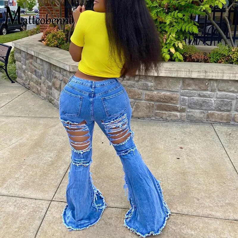 2020 Fashion Tassel Hem Denim Pants Women Retro Solid Sexy Hole Jeans Ripped Flare Trousers Street Skinny High Waist Lady Pants
