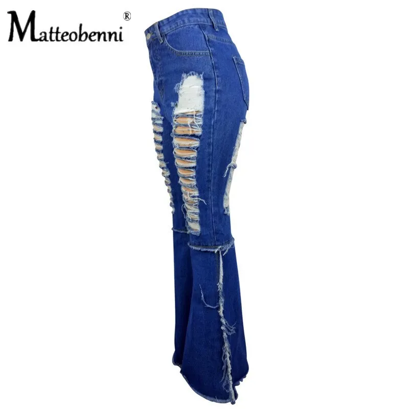 2020 Fashion Tassel Hem Denim Pants Women Retro Solid Sexy Hole Jeans Ripped Flare Trousers Street Skinny High Waist Lady Pants