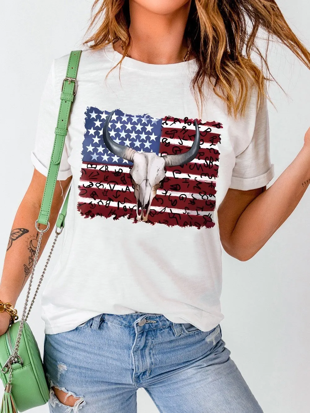 American Pride Bull Skull White Graphic Tee