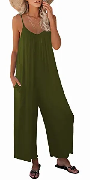 Army Green Casual Sleeveless Strap Loose Adjustable Jumpsuits Stretchy Long Pants Romper with Pockets - SNUGWIND