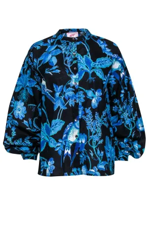 Banjanan - Black w/ Blue Floral Print Cotton Blouse Sz S
