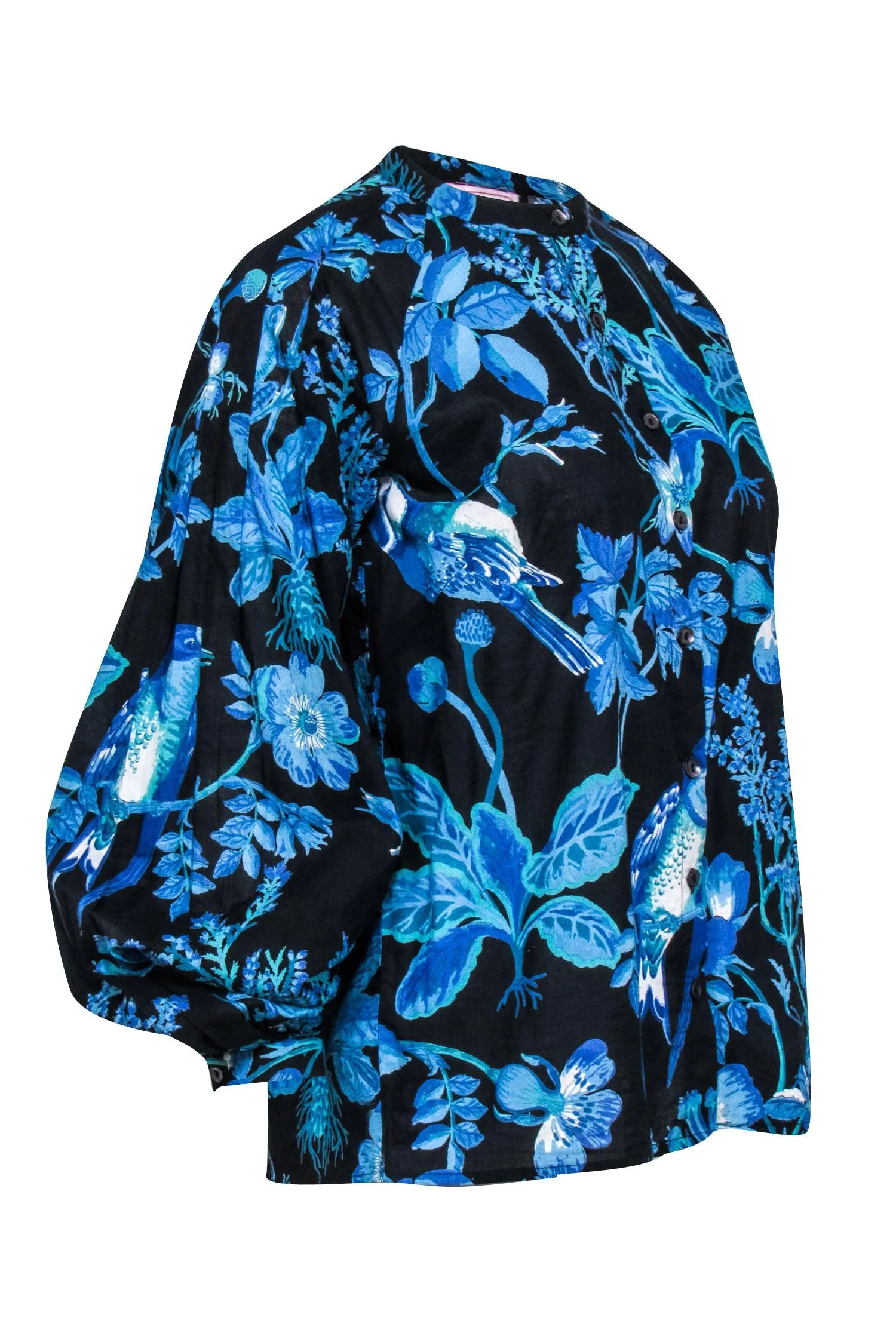 Banjanan - Black w/ Blue Floral Print Cotton Blouse Sz S