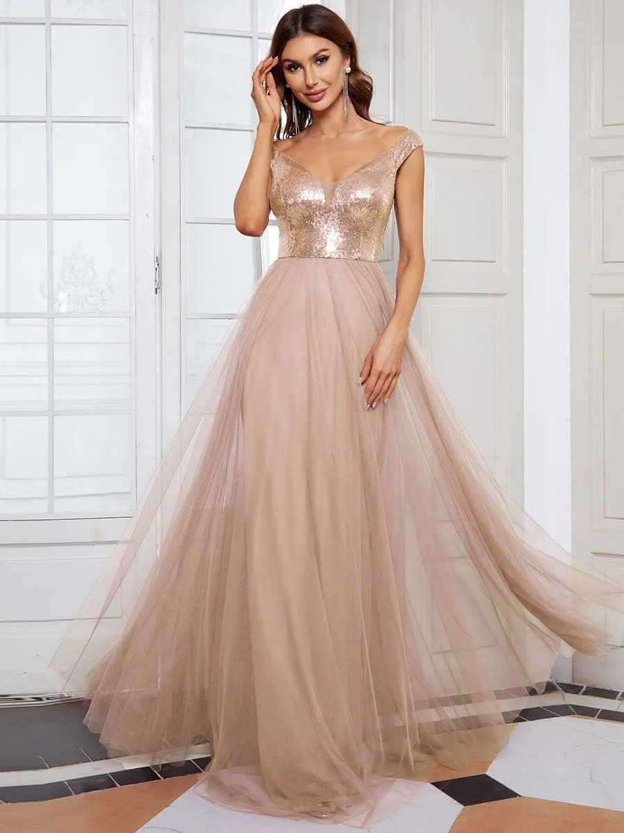 Blush Pink and Gold Sequin Evening Wear