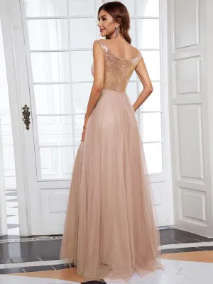 Blush Pink and Gold Sequin Evening Wear