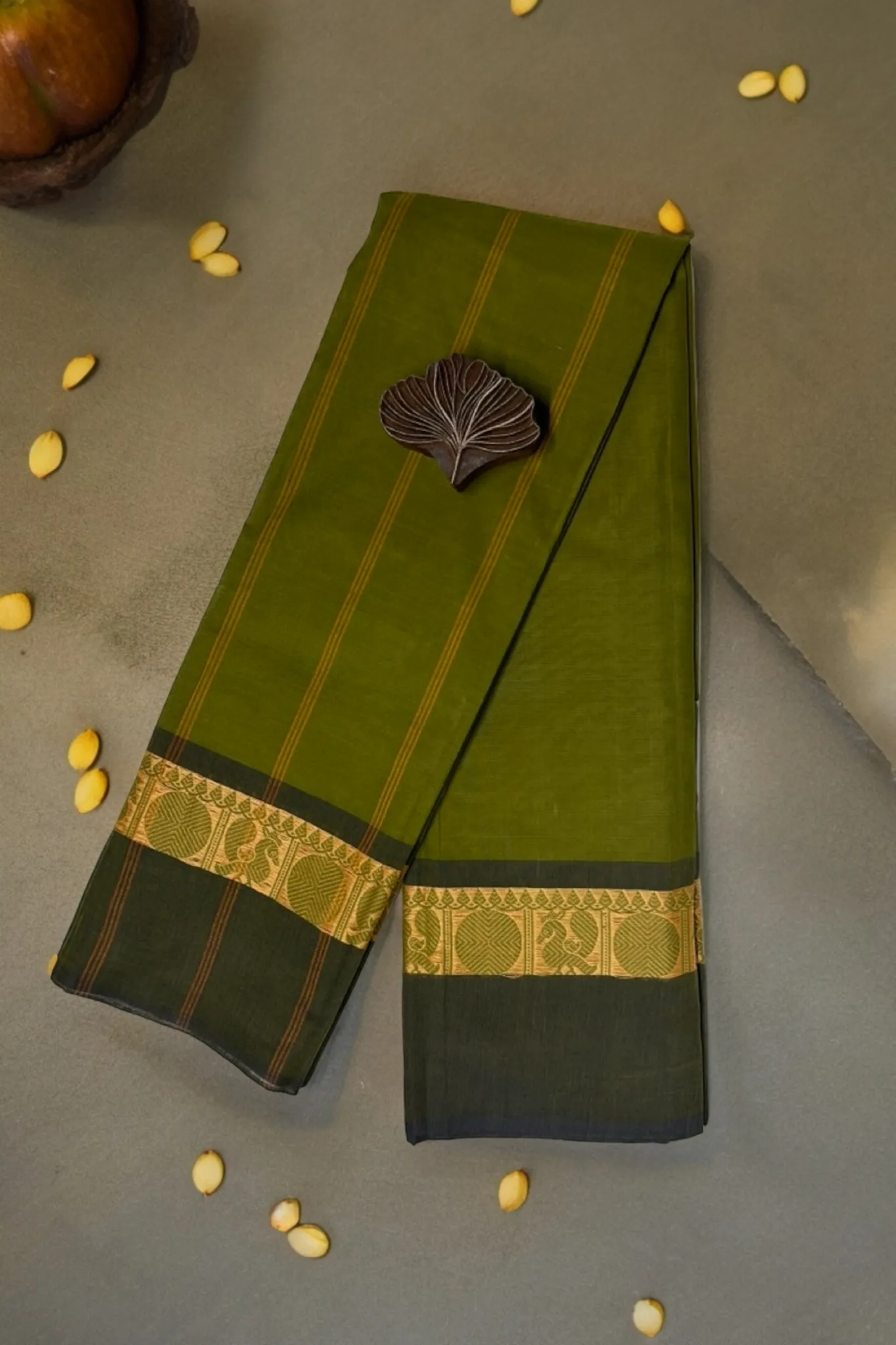chettinad cotton saree - olive green & gold peacock