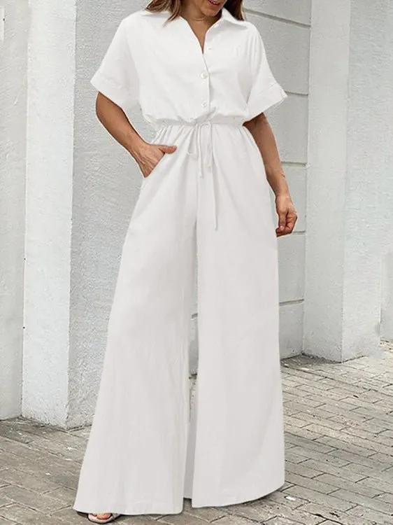 CHICMY- Women's Jumpsuits Lapel Button Short Sleeve Belted Wide Leg Jumpsuit