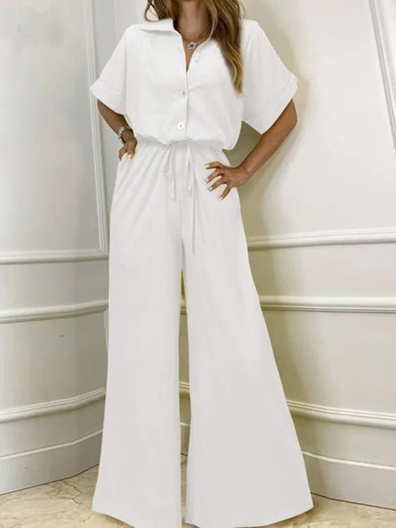 CHICMY- Women's Jumpsuits Lapel Button Short Sleeve Belted Wide Leg Jumpsuit