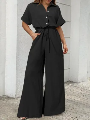 CHICMY- Women's Jumpsuits Lapel Button Short Sleeve Belted Wide Leg Jumpsuit