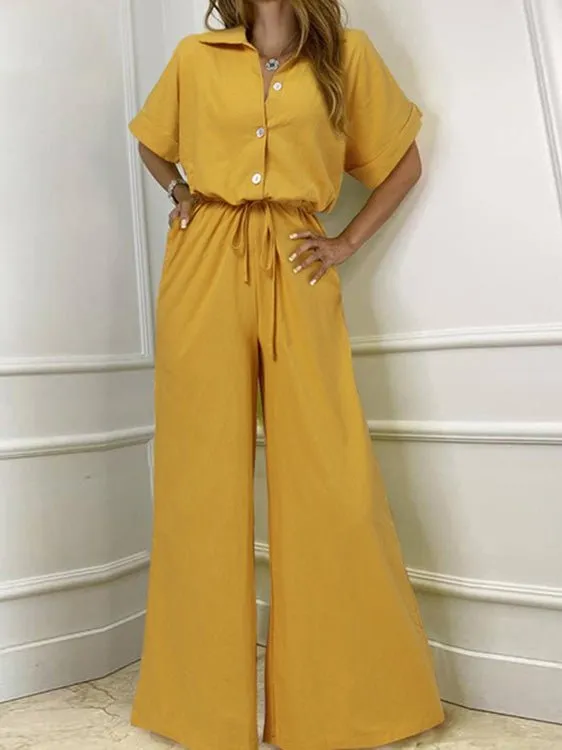 CHICMY- Women's Jumpsuits Lapel Button Short Sleeve Belted Wide Leg Jumpsuit