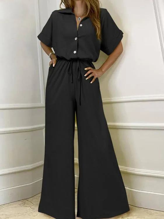 CHICMY- Women's Jumpsuits Lapel Button Short Sleeve Belted Wide Leg Jumpsuit