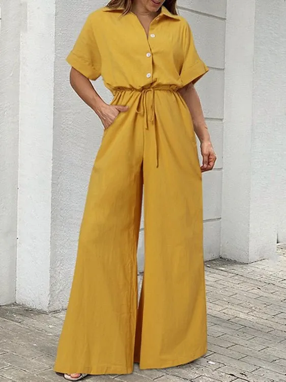 CHICMY- Women's Jumpsuits Lapel Button Short Sleeve Belted Wide Leg Jumpsuit