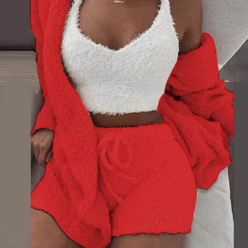 Cosy Comfort Women's Pajama Set: Plush 3-Piece Lounge Wear with Hoodie, Tank Top & Shorts - Perfect for Winter, Plus Sizes Available
