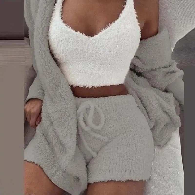 Cosy Comfort Women's Pajama Set: Plush 3-Piece Lounge Wear with Hoodie, Tank Top & Shorts - Perfect for Winter, Plus Sizes Available