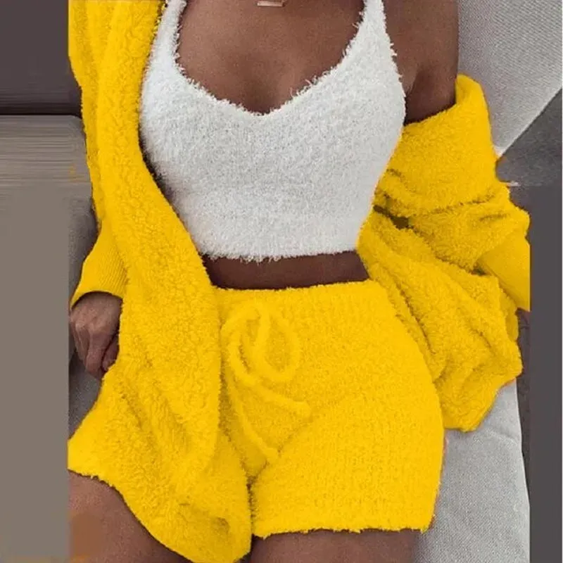 Cosy Comfort Women's Pajama Set: Plush 3-Piece Lounge Wear with Hoodie, Tank Top & Shorts - Perfect for Winter, Plus Sizes Available