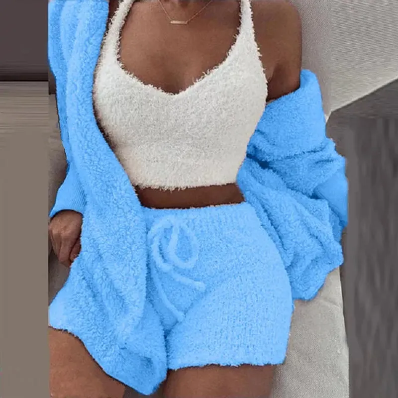 Cosy Comfort Women's Pajama Set: Plush 3-Piece Lounge Wear with Hoodie, Tank Top & Shorts - Perfect for Winter, Plus Sizes Available
