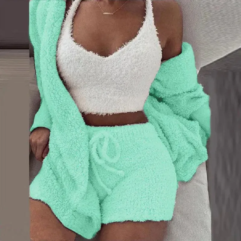 Cosy Comfort Women's Pajama Set: Plush 3-Piece Lounge Wear with Hoodie, Tank Top & Shorts - Perfect for Winter, Plus Sizes Available