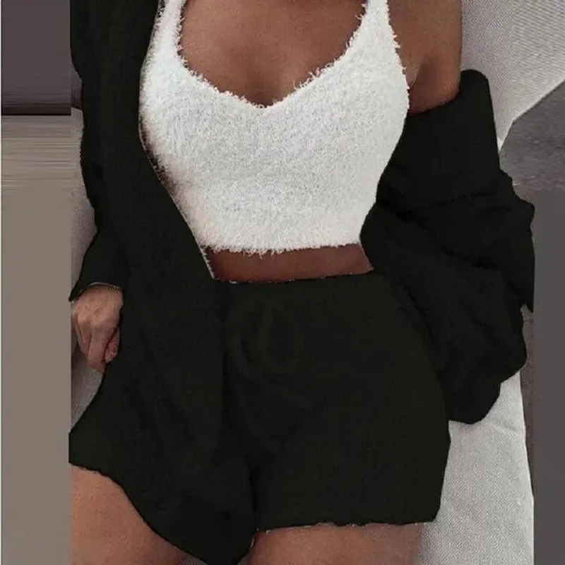 Cosy Comfort Women's Pajama Set: Plush 3-Piece Lounge Wear with Hoodie, Tank Top & Shorts - Perfect for Winter, Plus Sizes Available