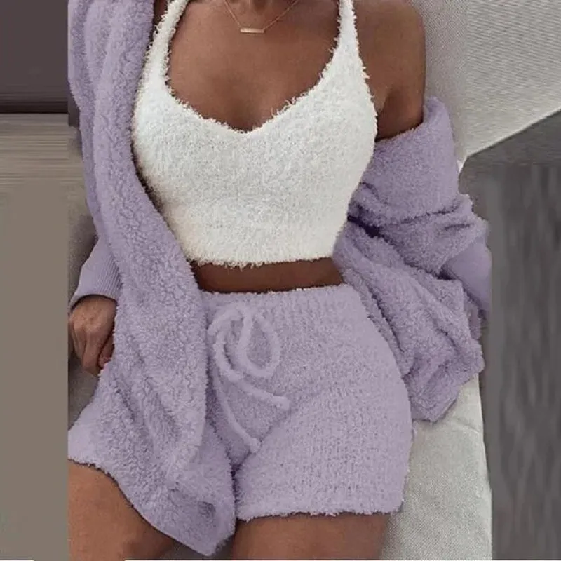 Cosy Comfort Women's Pajama Set: Plush 3-Piece Lounge Wear with Hoodie, Tank Top & Shorts - Perfect for Winter, Plus Sizes Available