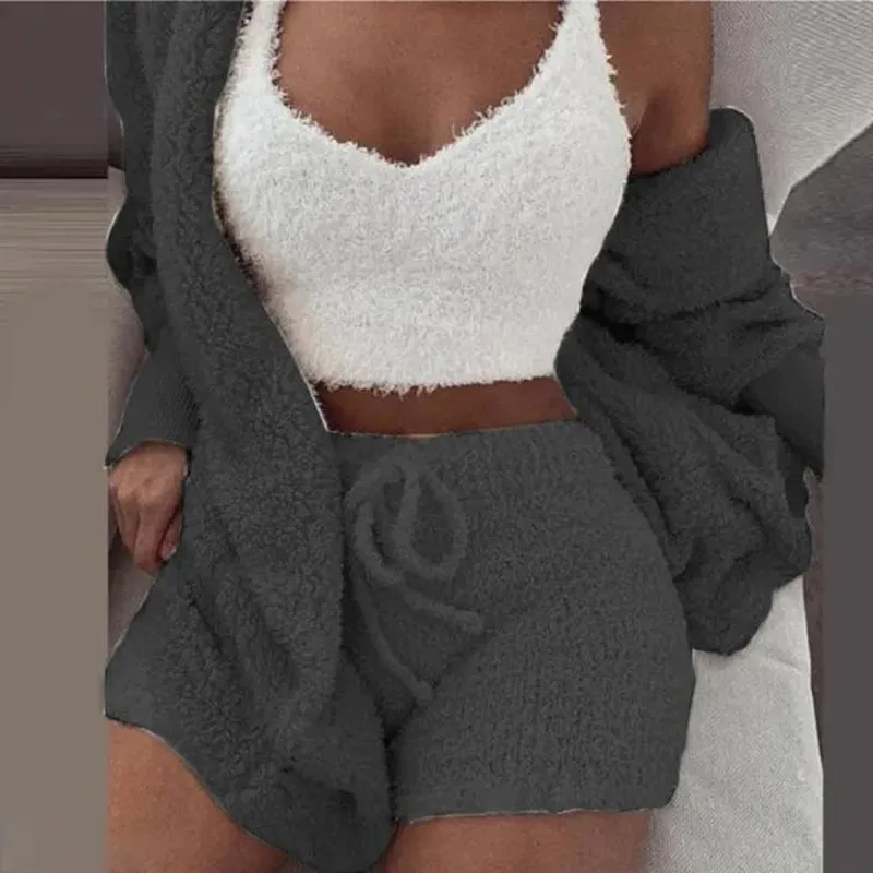 Cosy Comfort Women's Pajama Set: Plush 3-Piece Lounge Wear with Hoodie, Tank Top & Shorts - Perfect for Winter, Plus Sizes Available