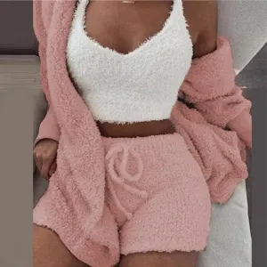 Cosy Comfort Women's Pajama Set: Plush 3-Piece Lounge Wear with Hoodie, Tank Top & Shorts - Perfect for Winter, Plus Sizes Available