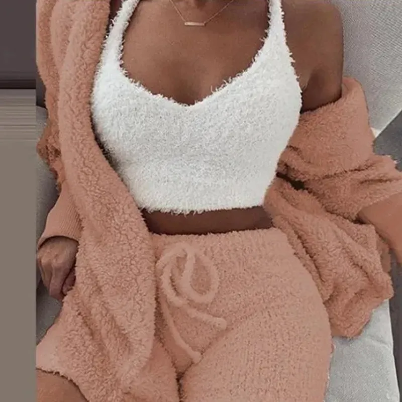 Cosy Comfort Women's Pajama Set: Plush 3-Piece Lounge Wear with Hoodie, Tank Top & Shorts - Perfect for Winter, Plus Sizes Available