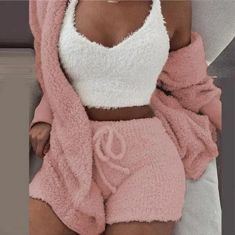 Cosy Comfort Women's Pajama Set: Plush 3-Piece Lounge Wear with Hoodie, Tank Top & Shorts - Perfect for Winter, Plus Sizes Available