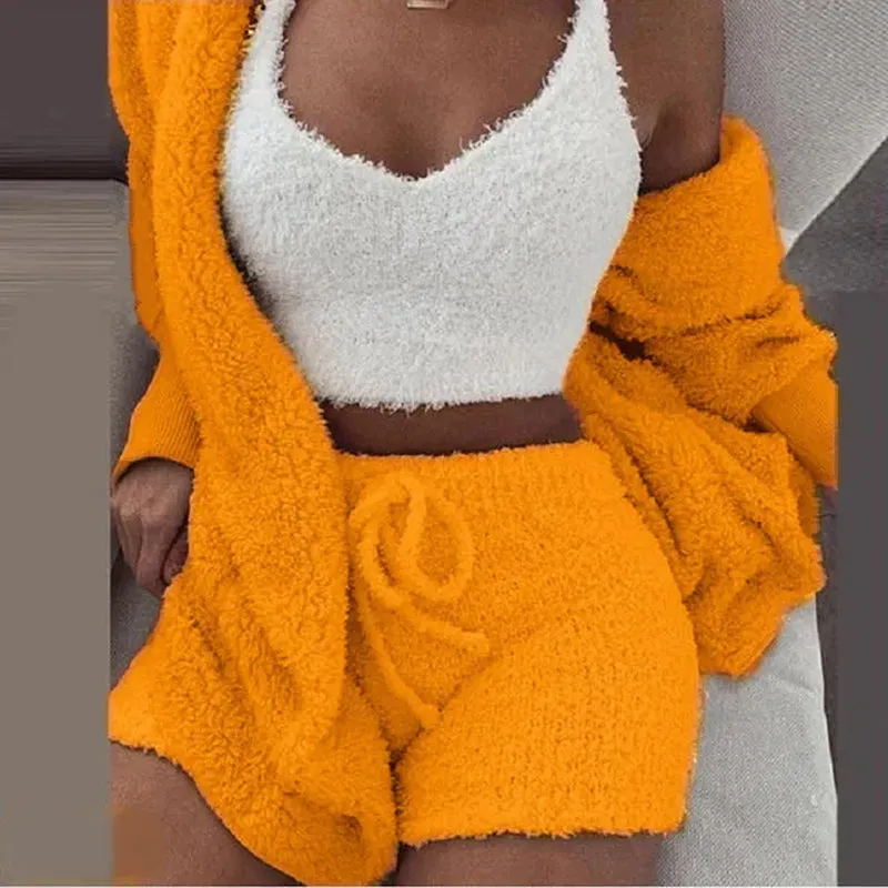 Cosy Comfort Women's Pajama Set: Plush 3-Piece Lounge Wear with Hoodie, Tank Top & Shorts - Perfect for Winter, Plus Sizes Available