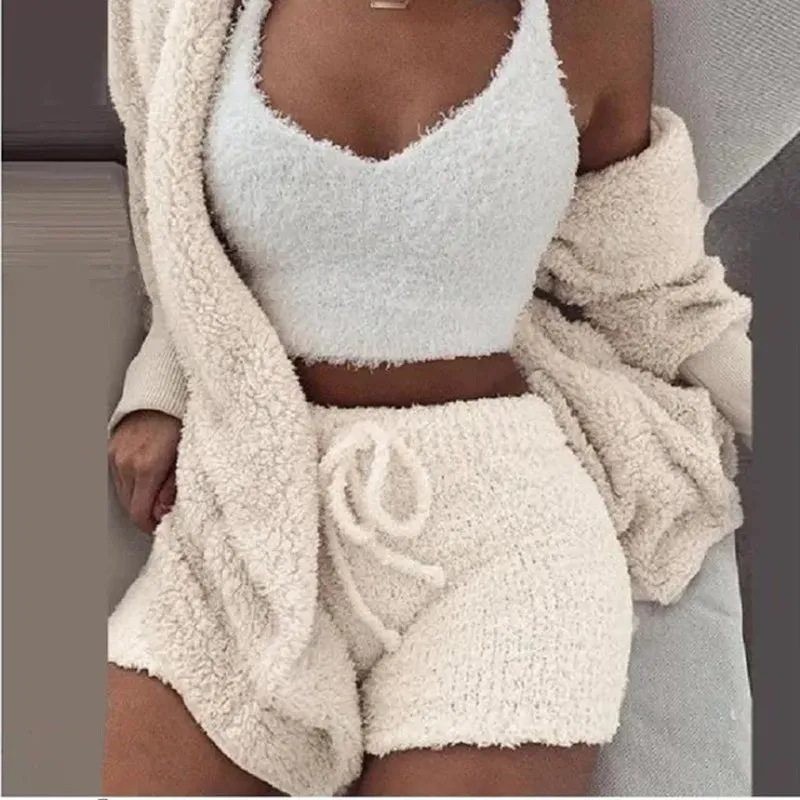 Cosy Comfort Women's Pajama Set: Plush 3-Piece Lounge Wear with Hoodie, Tank Top & Shorts - Perfect for Winter, Plus Sizes Available