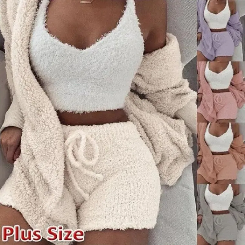 Cosy Comfort Women's Pajama Set: Plush 3-Piece Lounge Wear with Hoodie, Tank Top & Shorts - Perfect for Winter, Plus Sizes Available