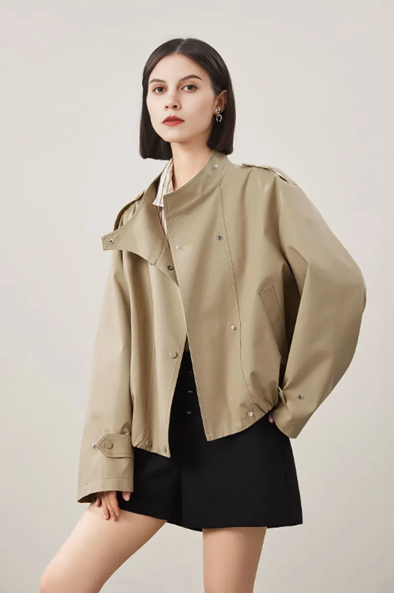 Cropped Modal-Cotton Double Breasted Trench Jacket with Stand Collar