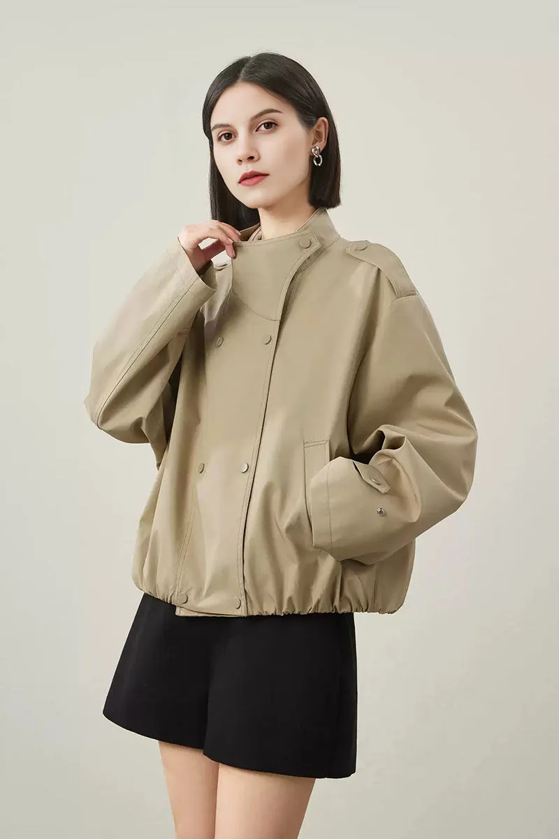 Cropped Modal-Cotton Double Breasted Trench Jacket with Stand Collar