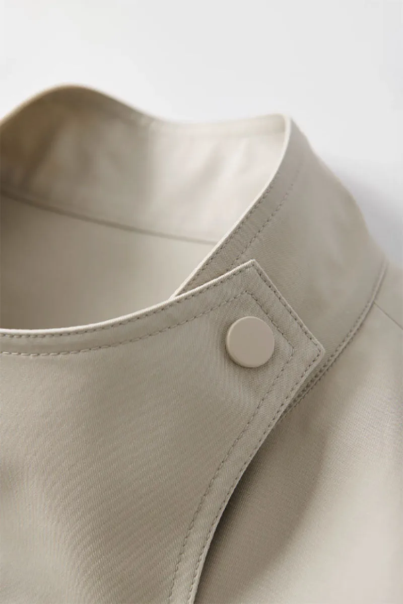 Cropped Modal-Cotton Double Breasted Trench Jacket with Stand Collar
