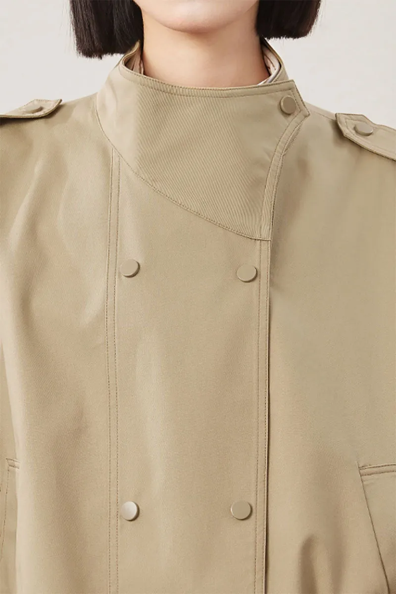 Cropped Modal-Cotton Double Breasted Trench Jacket with Stand Collar