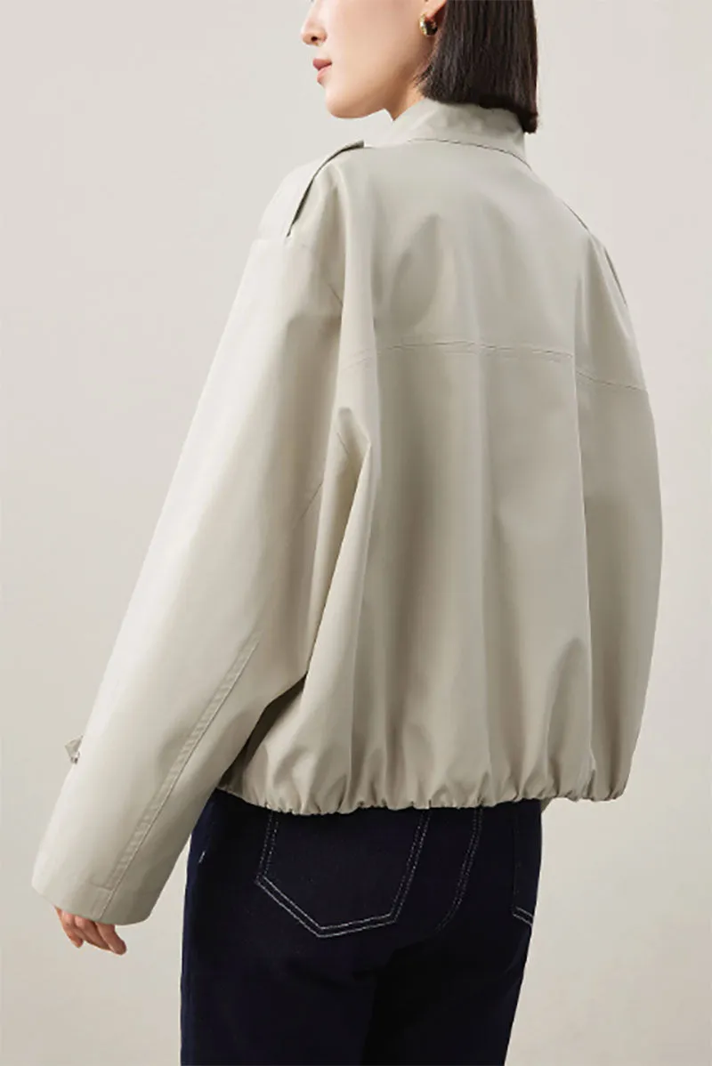Cropped Modal-Cotton Double Breasted Trench Jacket with Stand Collar