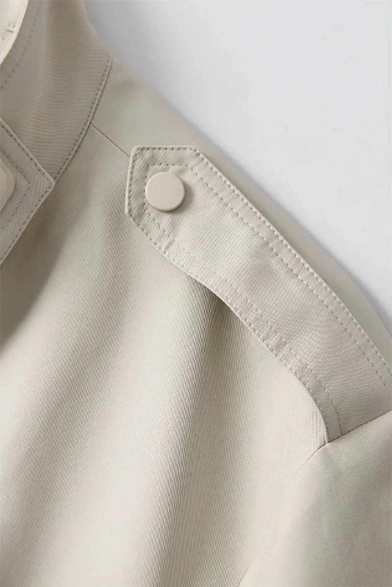 Cropped Modal-Cotton Double Breasted Trench Jacket with Stand Collar