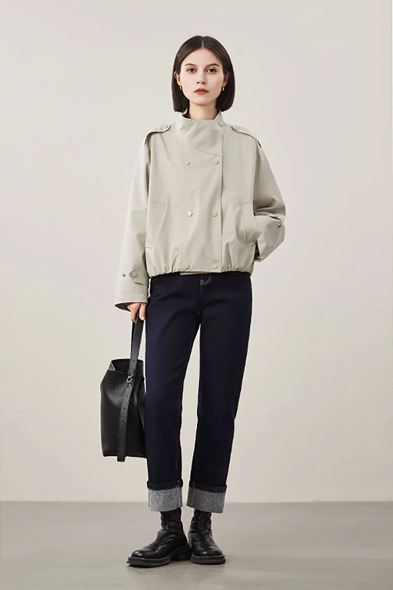 Cropped Modal-Cotton Double Breasted Trench Jacket with Stand Collar