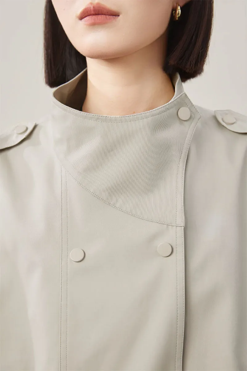 Cropped Modal-Cotton Double Breasted Trench Jacket with Stand Collar