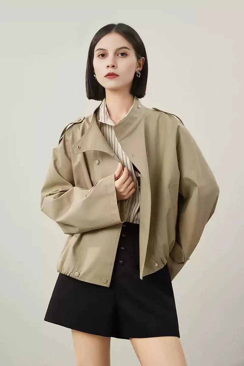 Cropped Modal-Cotton Double Breasted Trench Jacket with Stand Collar