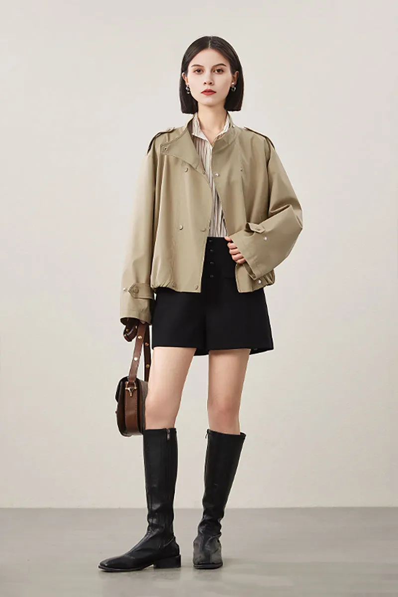 Cropped Modal-Cotton Double Breasted Trench Jacket with Stand Collar