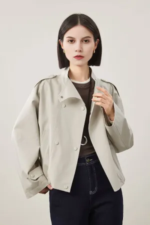 Cropped Modal-Cotton Double Breasted Trench Jacket with Stand Collar