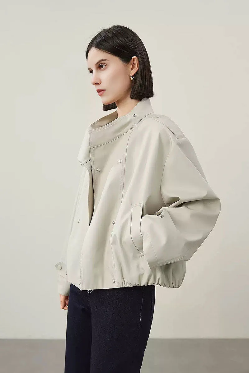 Cropped Modal-Cotton Double Breasted Trench Jacket with Stand Collar