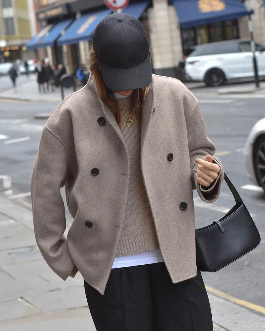 elveswallet Brown V-neck Double-breasted Short Wool Coat